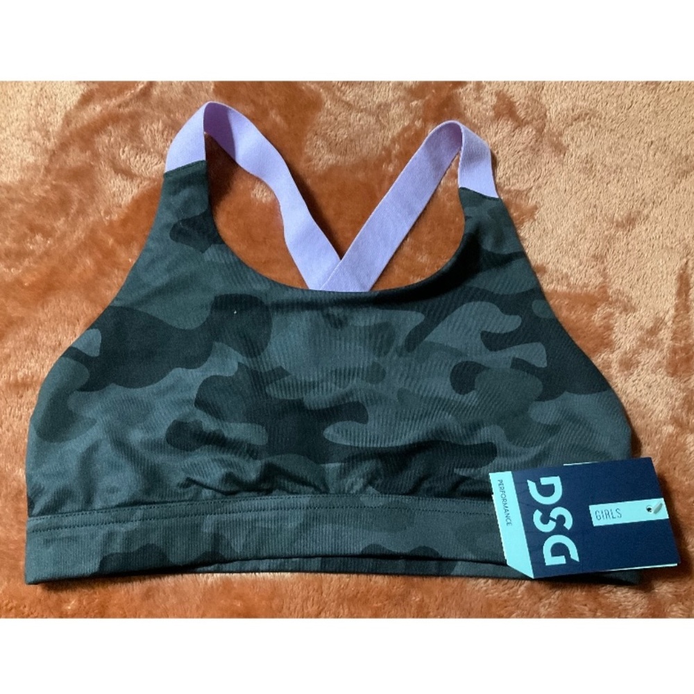 NWT DSG girls Large-size 14 Sports bra, camo colored, lavender straps